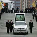 Pope Benedict travels, via Popemobile, down the ramp to the pit at Ground Zero.